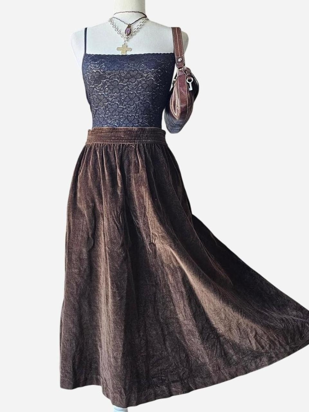 Vintage Brown Velvet A-Line Maxi Skirt - Women -Size 10